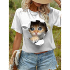 Funny 3D Cartoon Cat Print Women's T-Shirts Casual O-neck Short Sleeve Top Fashion Female Clothing Summer Girl Blouse Loose Tees