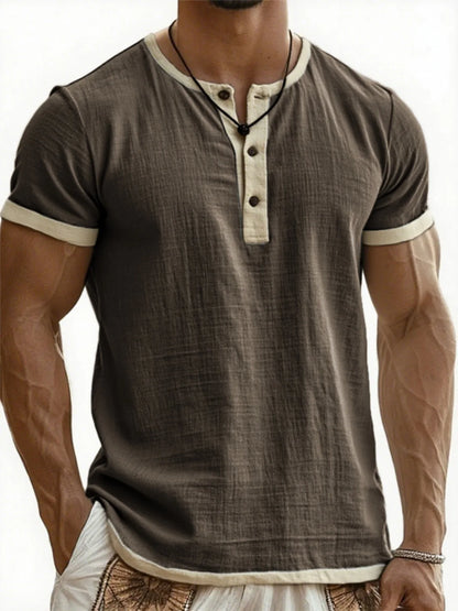 Summer New Men's Cotton Linen Shirt Casual Contrast Trim Short Sleeve Top Breathable Comfort Slim Fit Sports Casual Shirt