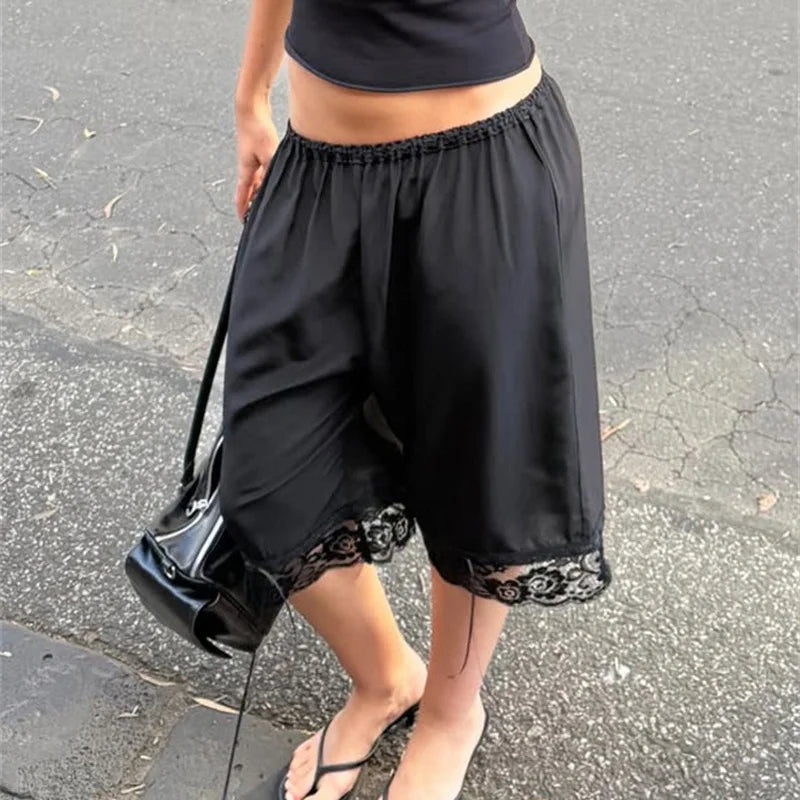 Tossy Y2K Satin Lace Capris Women Low Waist Bloomer Shorts Summer Vintage Coquette Aesthetic Bermuda Shorts Knee Length Pants