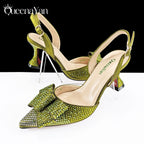 Queena Yan Shiny Italian Fashion Pointed Toe Women High Heel Shoes Mixed Color Effect Rhinestone Decoration Shoes And Bag Set