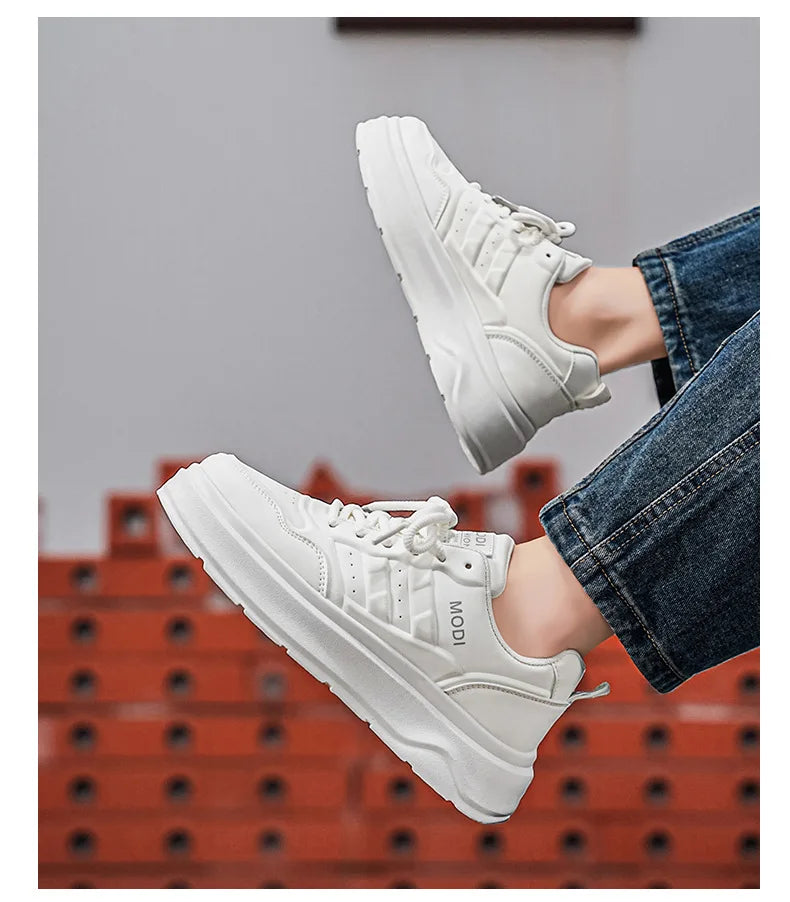 2026 Summer Men's White Platform Sneakers Leather Casual Shoes Thick Sole Streetwear Trendy Footwear