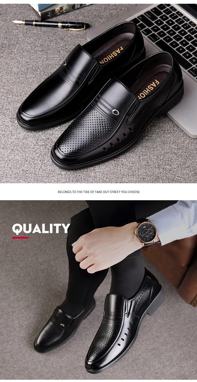 Men's Breathable Hollow Out Elevator Dress Leather Shoes Spring Summer 6cm Height Increase Business Slip-On Formal Office Shoes