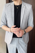 Men's Summer New Slim Fit 3/4 Sleeve Blazer Set Thin Seven-Point Sleeve Suit Outfit Casual Business Two-Piece Set