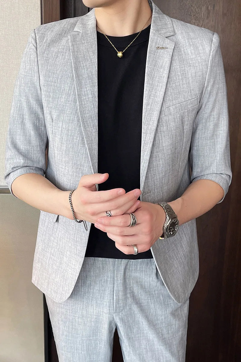 Men's Summer New Slim Fit 3/4 Sleeve Blazer Set Thin Seven-Point Sleeve Suit Outfit Casual Business Two-Piece Set