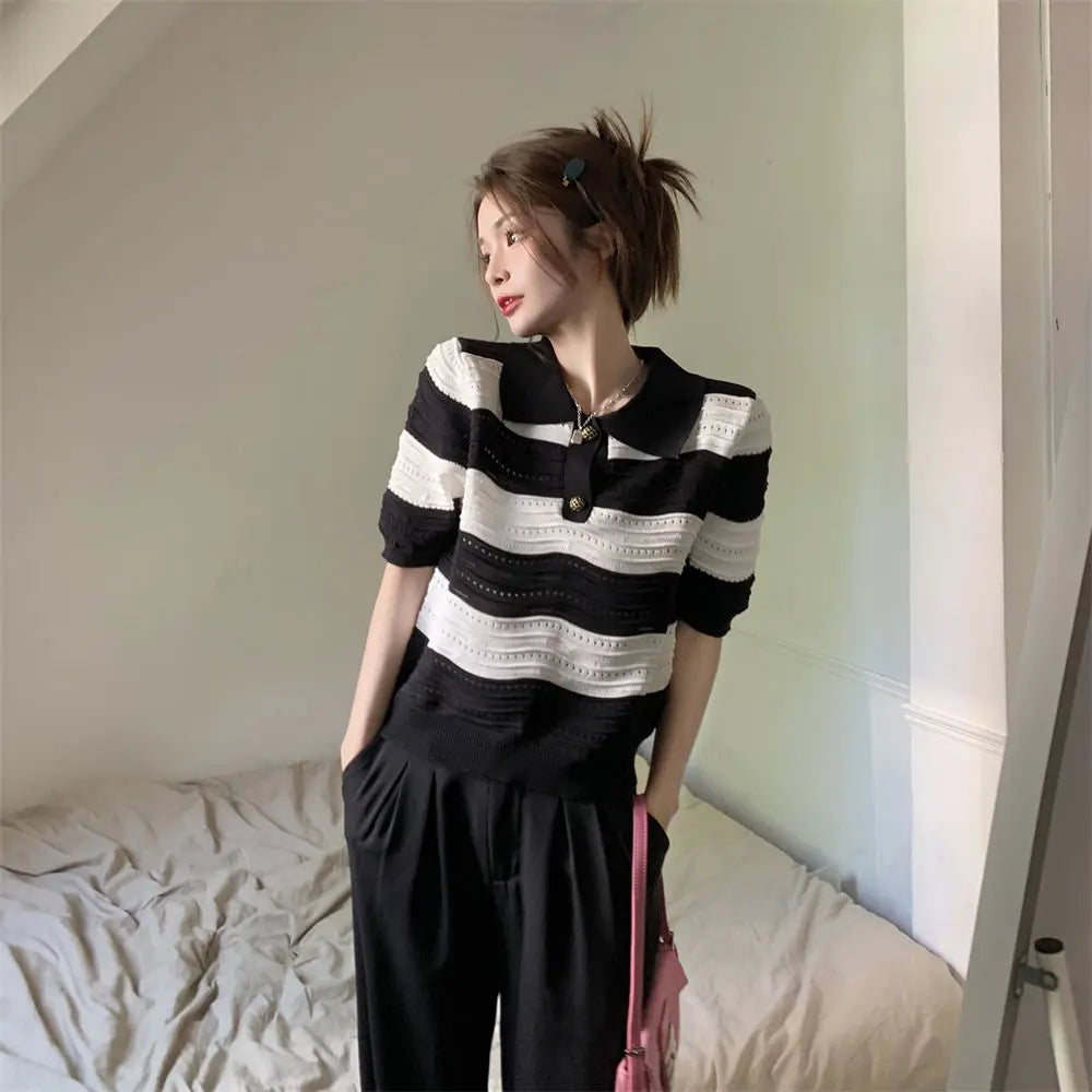 POLO Hollow Out Breathable Short Sleeve T Shirt Knit Striped Crop Top Aesthetic Clothing Summer Blouses For Women