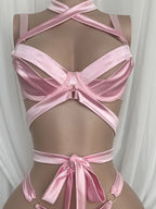 Belamimi Luxury Pink Lingerie Set For Women Cross Tie Back Bowknot Design Sexy Silky Bra Panty Suit Elegant Intimate Nightwear