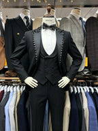 Black Men Suits Set 3 Pieces BlazerVest Pant Crystals Prom Groom Wedding Tuxedos Tailored Made Formal Office Jacket Outfit