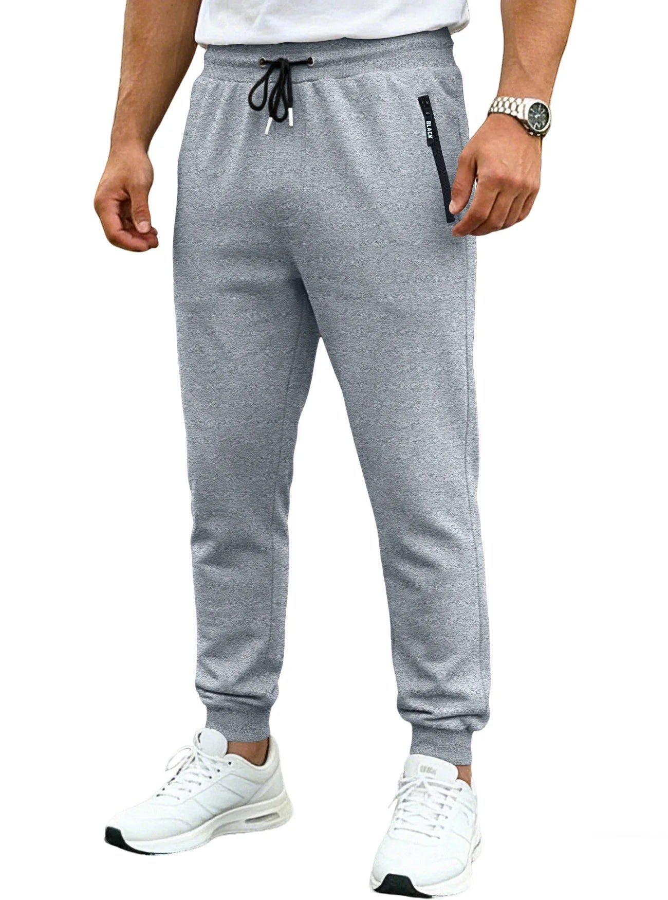 Spring/Autumn High-Quality Men's Sport Pants with Drawstring Cuffs and Zippered Pockets - Solid Color Elasticated Casual Pants