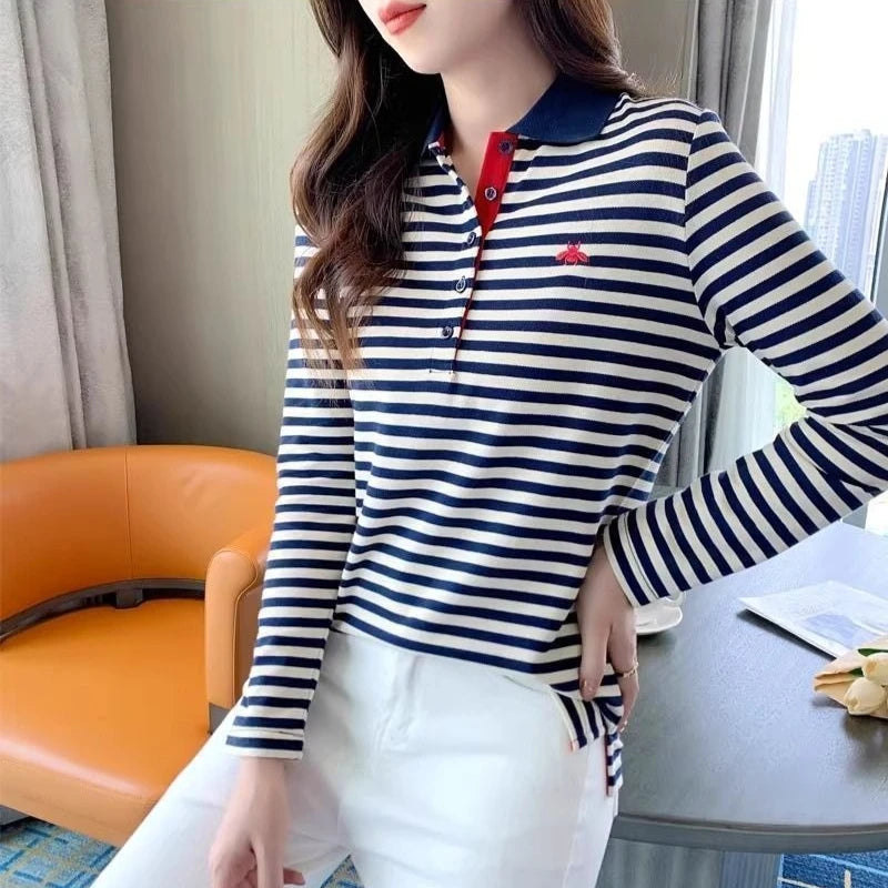 Korean Slimming Polo T-Shirt Women 95% Cotton Loose Fit Long Sleeve Streetwear for Autumn Winter Casual Outfits