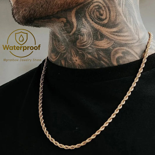 Casual Punk Rope Long Chain Necklace for Men Women,Silver Gold Color Stainless Steel Twisted Chain Collars,Hiphop Jewelry Gift