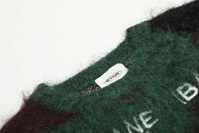 Men's Brand Loose Casual Knitted Sweater American Letter Contrasting Color Seahorse Hair Crew Neck Long Sleeve Sweater Trendy