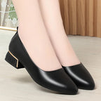 2026 Summer Women's Soft Leather Chunky Heel Pumps  Pointed Toe Low Heel Office Shoes White Work Dress Shoes Size 35-41