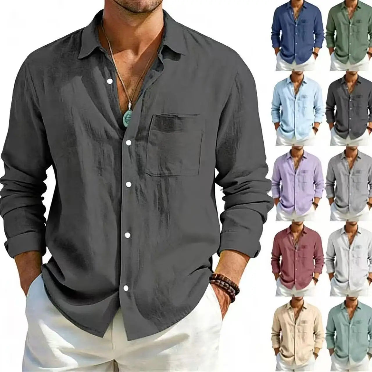 Men's Summer Long Sleeve Shirt Solid Color Loose Cotton Linen Shirt With Pockets Summer Breathable Fashion Casual Shirts for Men