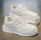 2026 Summer Men's White Platform Sneakers Leather Casual Shoes Thick Sole Streetwear Trendy Footwear