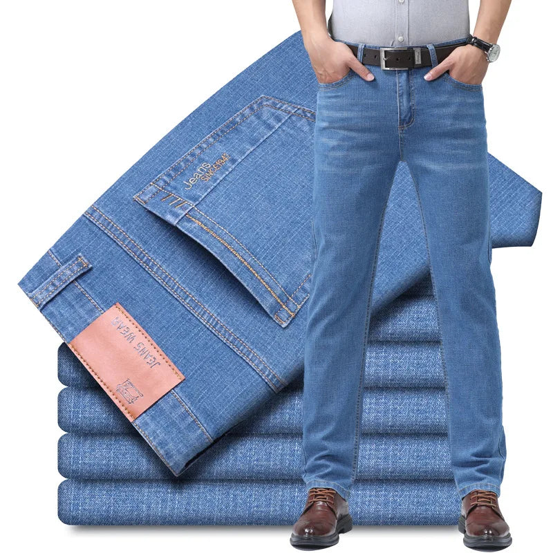 2026 Summer Thin Men's Elastic Cotton Jeans Fashion Blue Comfortable Business Straight Casual Pants Brand Male Clothes Trousers