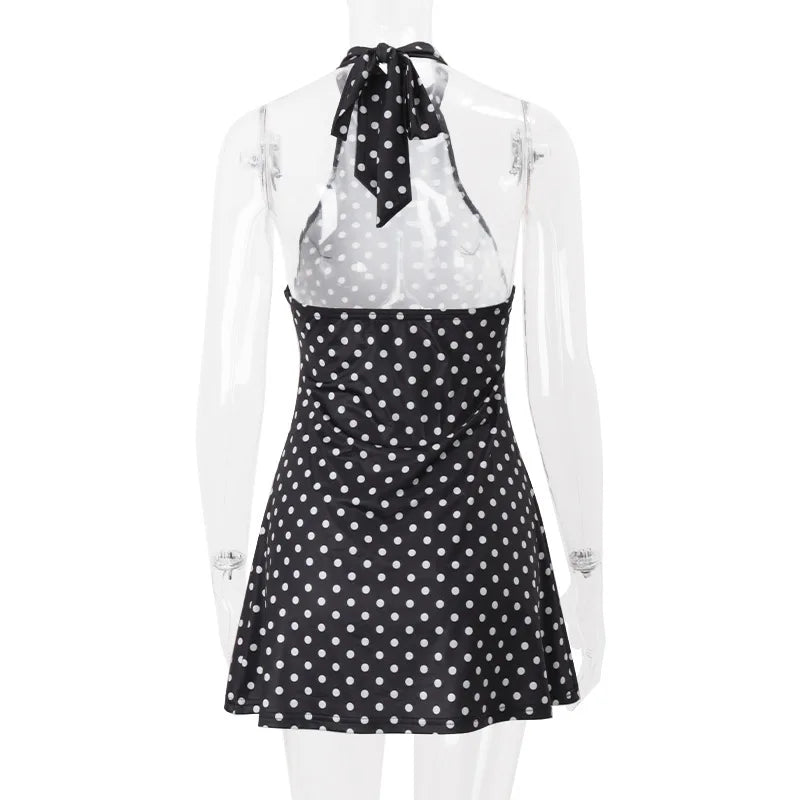 Polka Dot Elegant Off Shoulder Sleeveless Backless High Waist Halter Mini Dress Y2K Summer Fashion Club Party Vestidos