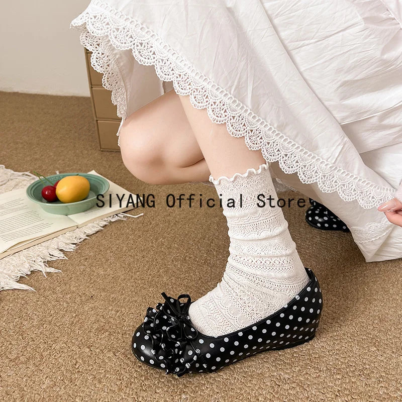 Polka Dot Mary Jane Shoes Women Sweet Ruffle Internal Elevation Shoes Ladies Soft Sole Slip On Daily Comfort Dress Footwear