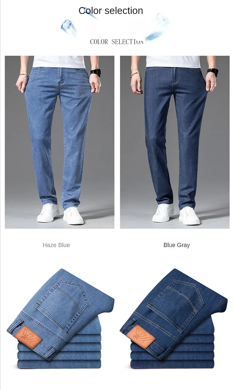 2026 Stretch Men's Fitted Straight Jeans Korean Youthful Vitality Spring Summer Thin Breathable Cotton  Lightweight Trousers