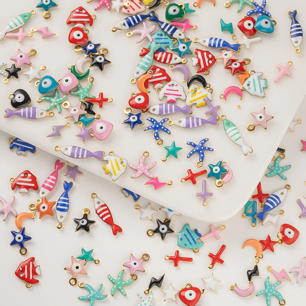 20pcs Stainless Steel Enamel Charms Mixed Moon Star Cross Fish Animal Charm Pendant DIY for Necklace Bracelet Jewelry Making