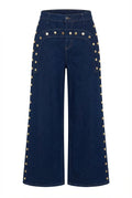 KT 2026 New Women's Dark Blue Wide Leg Jeans Gold Studded Detail High Waist Pocket Decorative Denim Pants