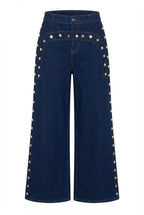 KT 2026 New Women's Dark Blue Wide Leg Jeans Gold Studded Detail High Waist Pocket Decorative Denim Pants