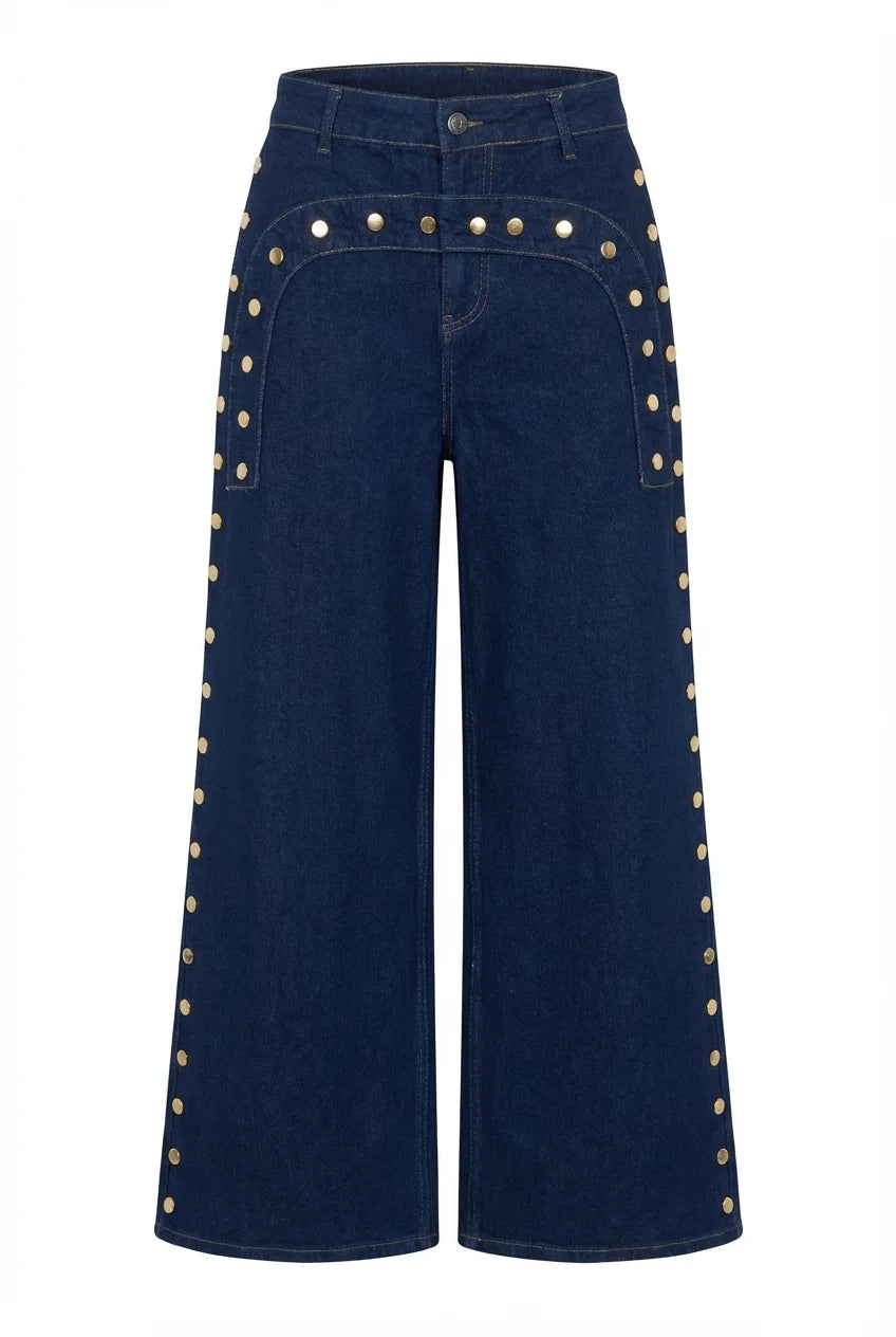 KT 2026 New Women's Dark Blue Wide Leg Jeans Gold Studded Detail High Waist Pocket Decorative Denim Pants