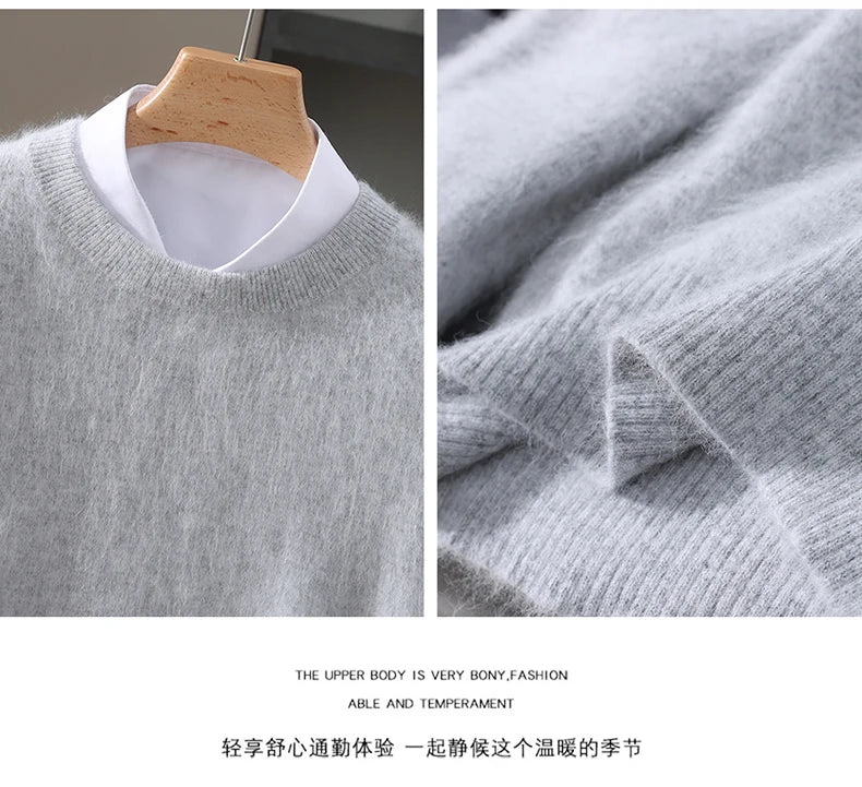 Autumn Winter 100% Mink Cashmere Sweater Men's Round Neck Pullover Loose Solid Color Plus Size Base Knit Business Casual Sweater