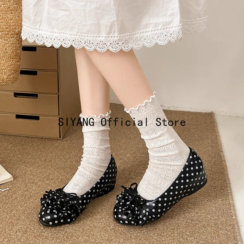 Polka Dot Mary Jane Shoes Women Sweet Ruffle Internal Elevation Shoes Ladies Soft Sole Slip On Daily Comfort Dress Footwear