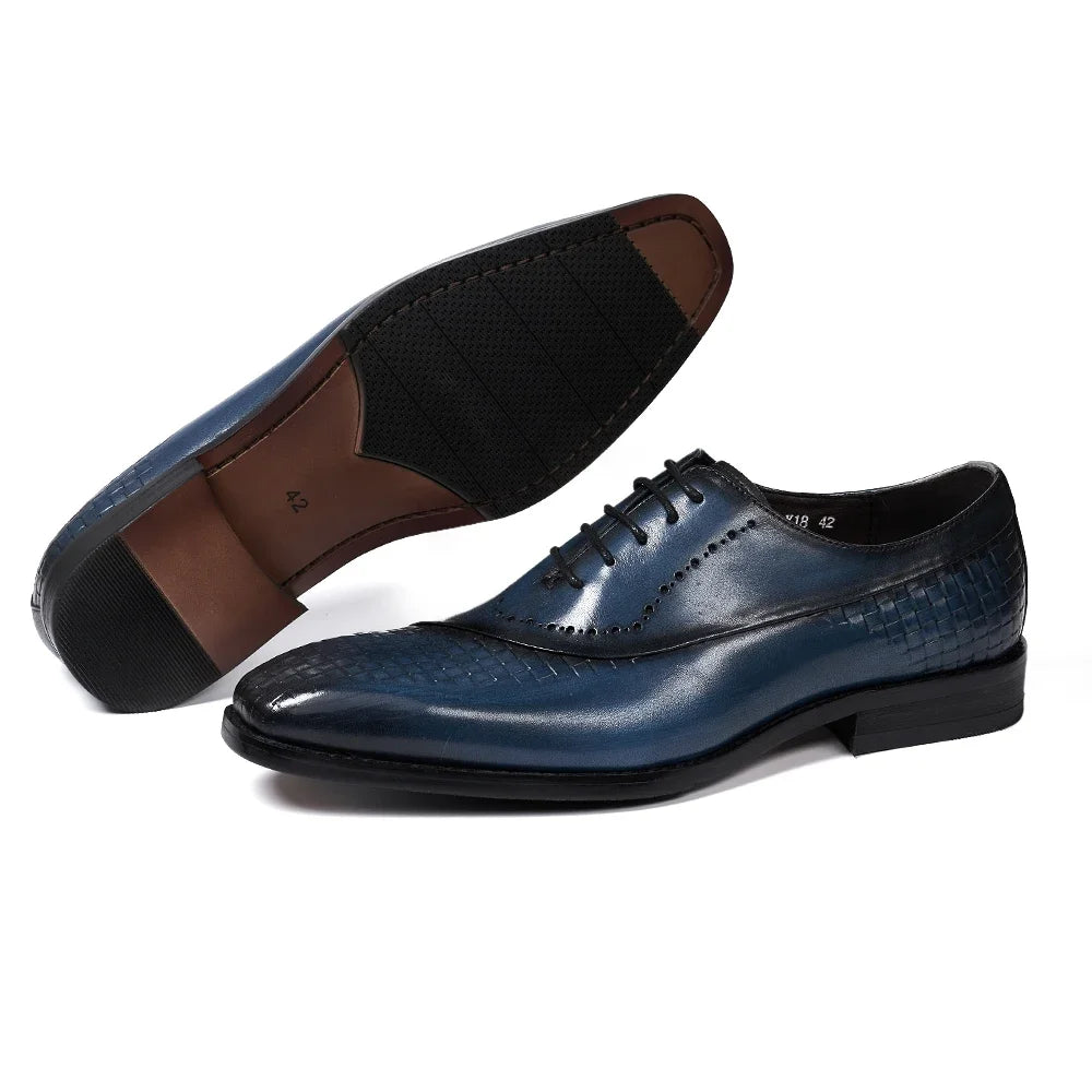 Men's Genuine Leather Oxfords Fashion Pointed Toe Wedding Party Dress Shoes Luxury Lace-Up Office Career Formal
