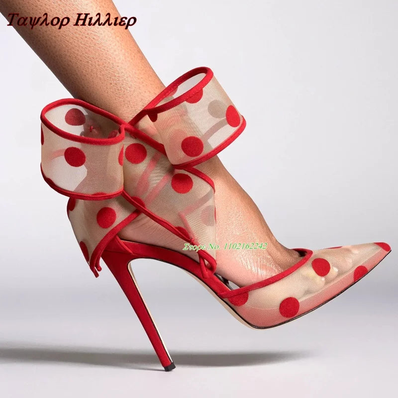 Spotted Breathable Mesh Pumps Big Bow Pointed Stiletto Buckle Strap High Heels Fashion Party Banquet Wedding Pumps For Women 47