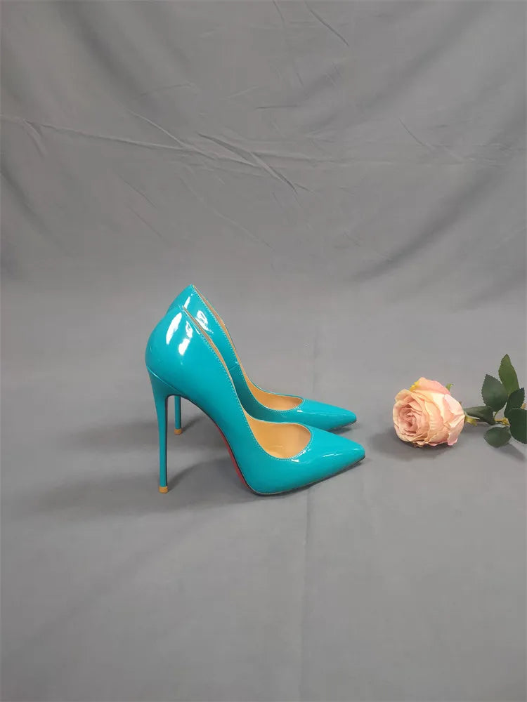 New blue high heels, socialite edition, customized sexy patent leather slim heel plus size women's single shoes