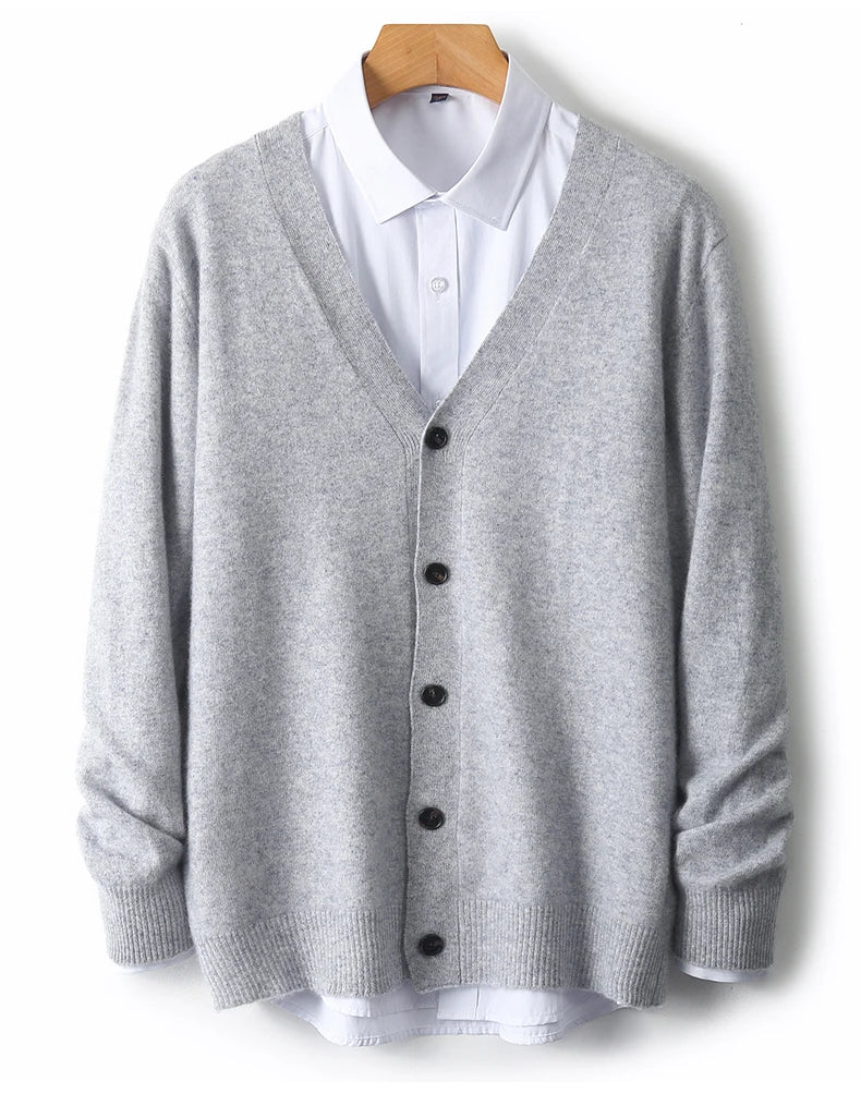 100% Pure Wool Sweater Autumn Winter New Men's Cardigan V-Neck Buckle Jacket Loose Casual Cashmere Knitted Sweater Long Sleeveds