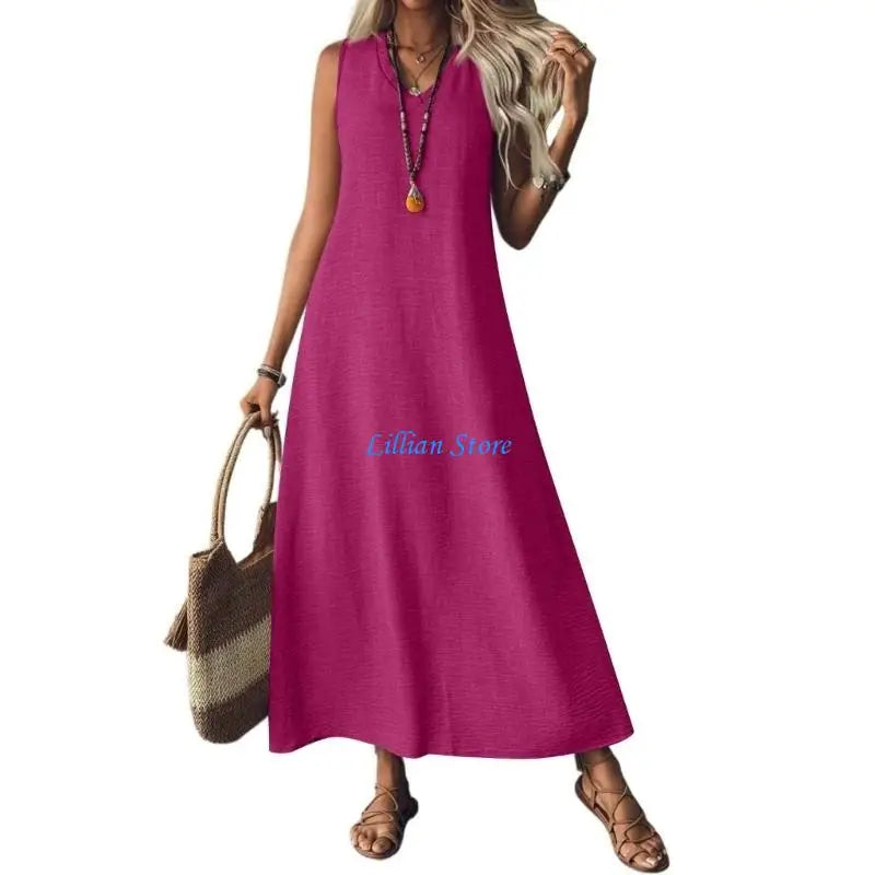 Q1FA Summer Dresses for Women Cotton Linen Maxi Dress Casual Sleeveless Long Sundress Vacation Outfits