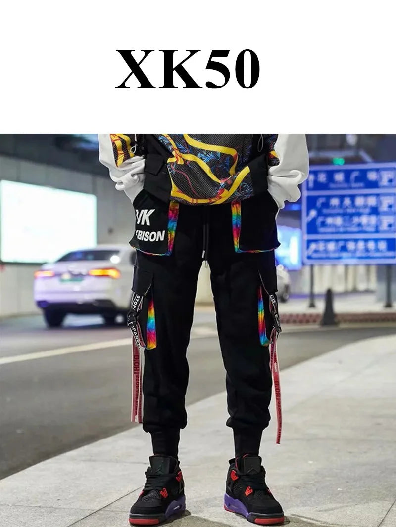 Y2K Joggers Cargo Pants For Men Casual Hip Hop Pocket Male Trousers Sweatpants Street Ribbons Techwear White Pant Pantalon Homme