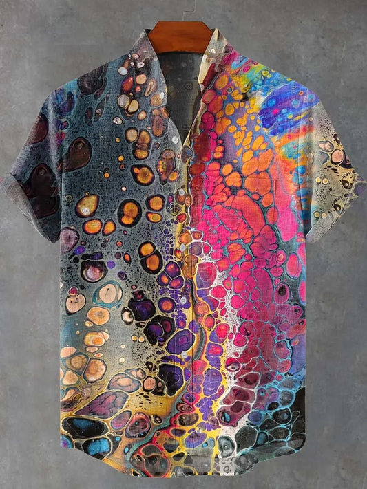 3D digital printing image of linen short sleeved shirt, designed for men's party atmosphere, casual style, retro men's shirt