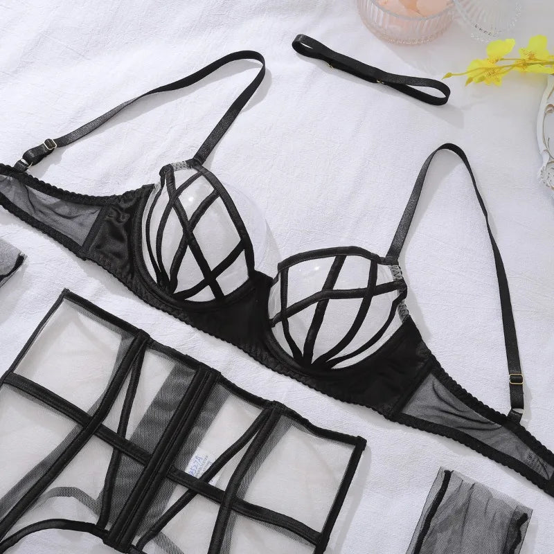 Tornova Sexy Lingerie Suit for Women Solid Color Mesh Patchwork See-through Women's Underwear Suit Sexy Gloves Garters Underwear