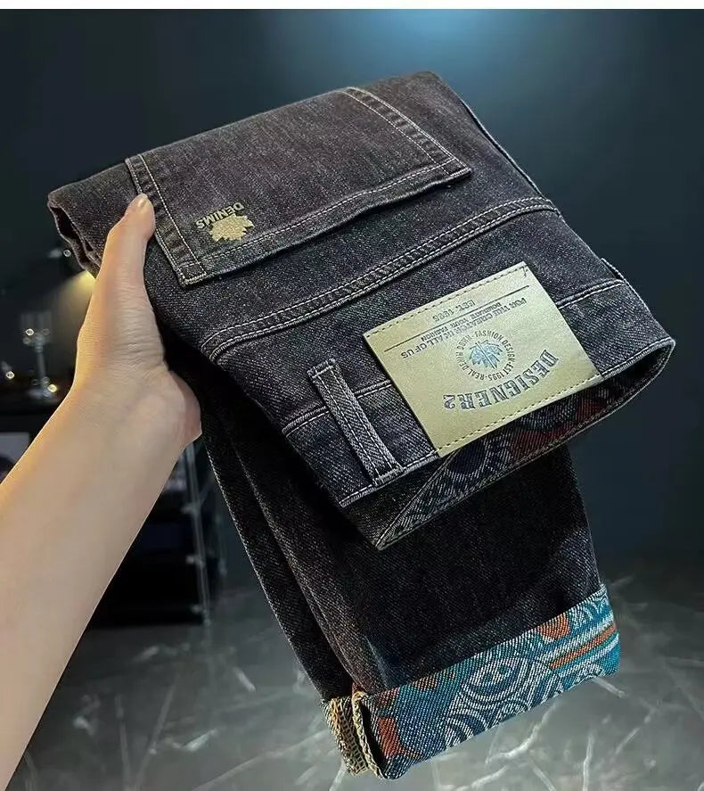 Men's Denim Pants Are Worn Washed Embroidered Smple Straight and Slim Fit With Small Legs