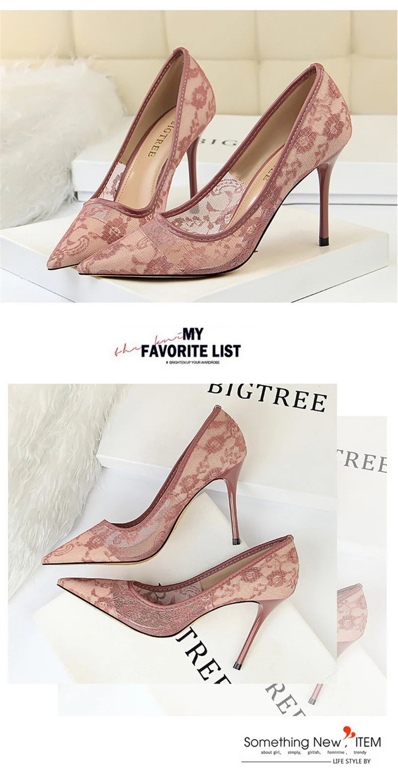 2024 Black Flower Lace Mesh Pumps Women Pointed Toe Shallow Fashion Party Single Shoes Show Thin High Heel Office Shoes