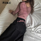 Women's Sweet Casual Full Length Baggy Denim Trouser Retro Emo Harajuku Loose Jeans Letter Embroidery High Waist Y2K 2000s Pants