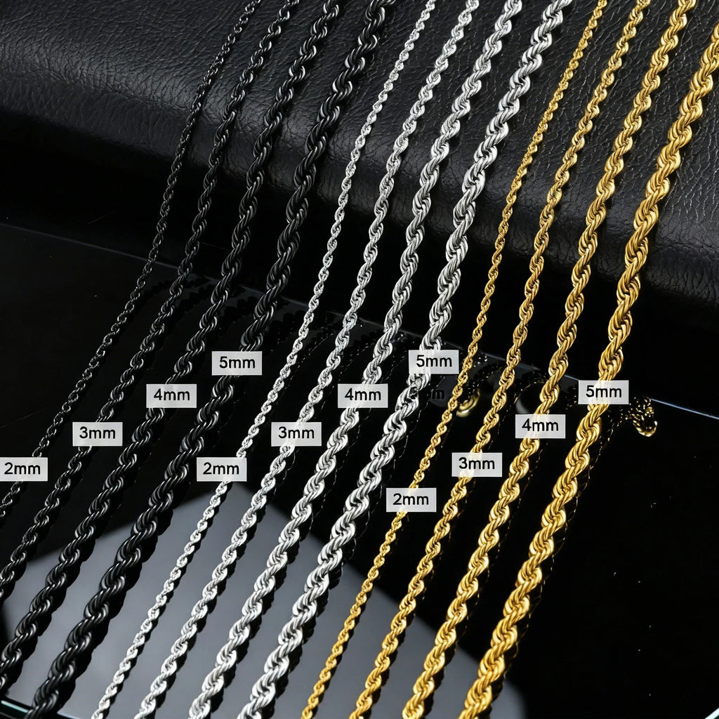 Casual Punk Rope Long Chain Necklace for Men Women,Silver Gold Color Stainless Steel Twisted Chain Collars,Hiphop Jewelry Gift