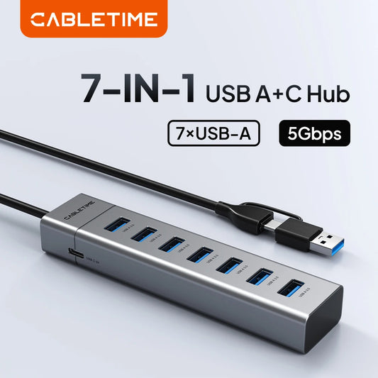 CABLETIME 7 IN 1 USB A Hub USB C HUB USB 3.0 5Gbps Fast Data Transfer Aluminum Durable Shell for Laptop Mac TV Hard Drive C HUB