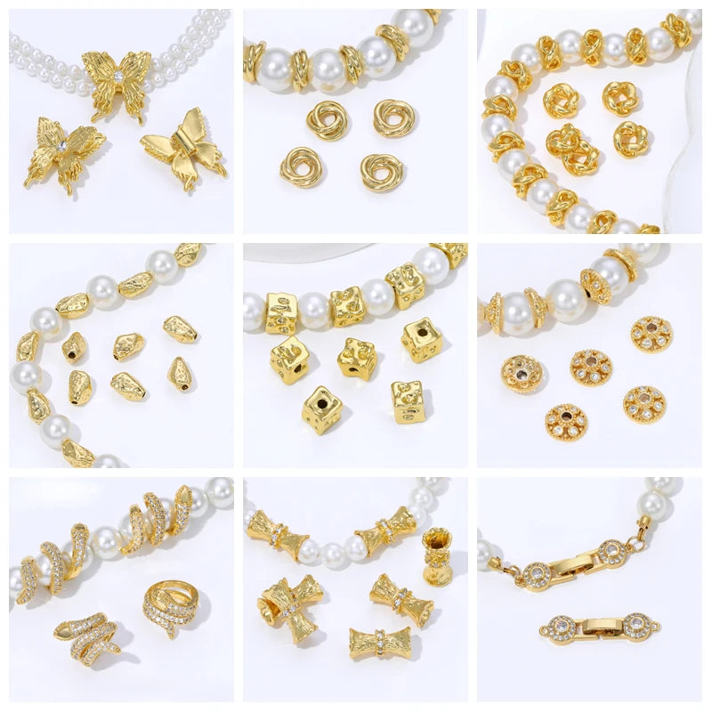 18K Gold Plated Brass With Zircon Round Twist Beads For Bracelets,Separator Bead,Spacer Beads For DIY Jewelry Making Accessories