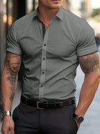 Men's short-sleeved shirts for casual daily wear. Large men's summer slim, light, elastic and iron-free business shirts