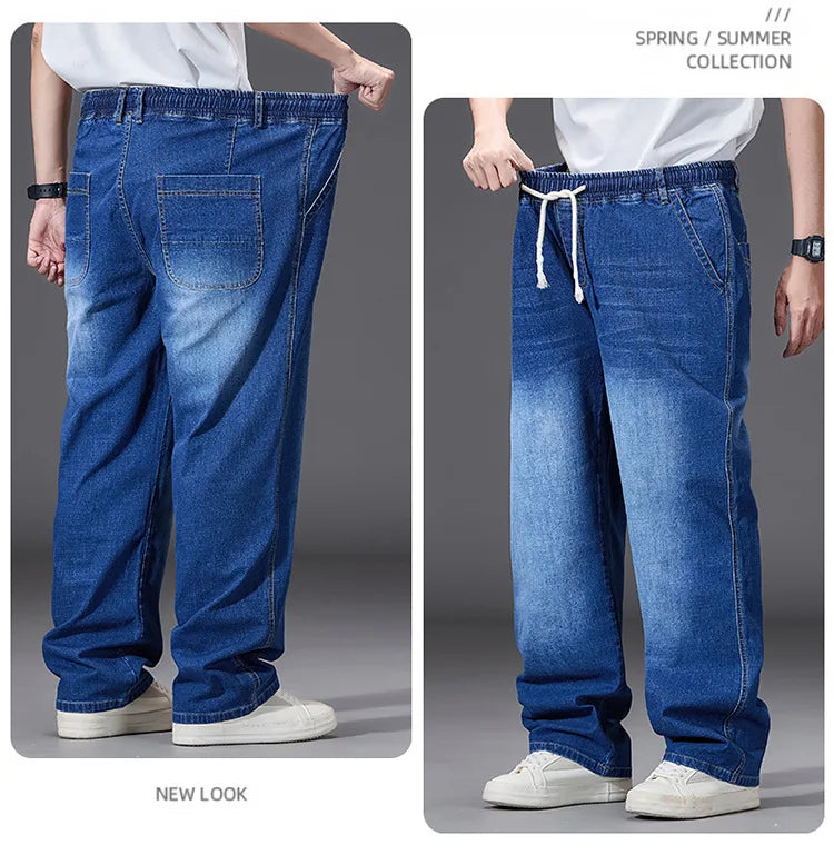 8XL Elastic Waist Men's Jeans, Loose Straight Leg Stretch Denim Pants, Plus Size Casual Streetwear, Big Size Relaxed Fit Trouser