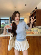AOSSVIAO 2026 Summer New Korean Fashion Slim Polo shirt Knitted Short Sleeve T-shirt Sweet Bow Embroidered Knitted  Women Tops
