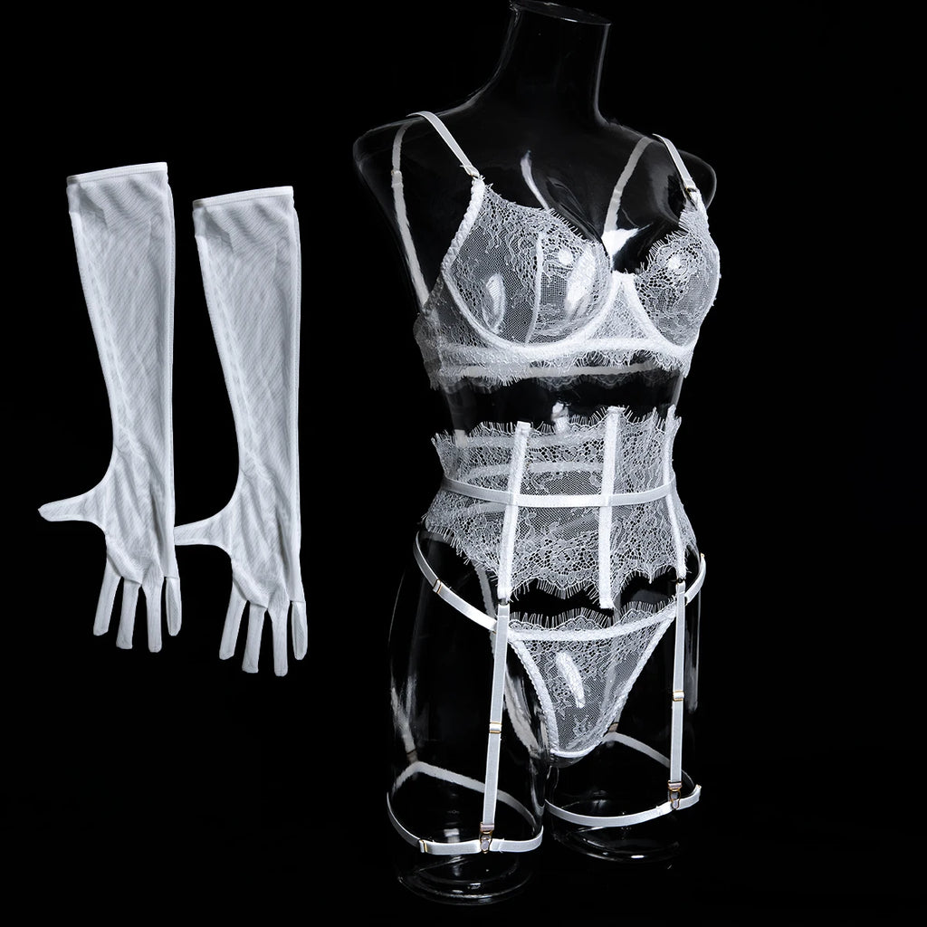 New Eyelash Lace 5-Piece Lingerie Set for Women with Underwire Bra Waistband  Garter Belt Leg Rings Gloves Sexy Comfortable