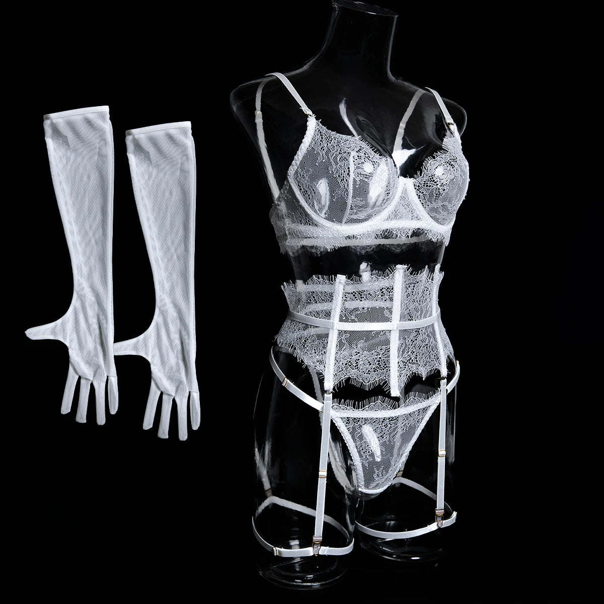 New Eyelash Lace 5-Piece Lingerie Set for Women with Underwire Bra Waistband  Garter Belt Leg Rings Gloves Sexy Comfortable