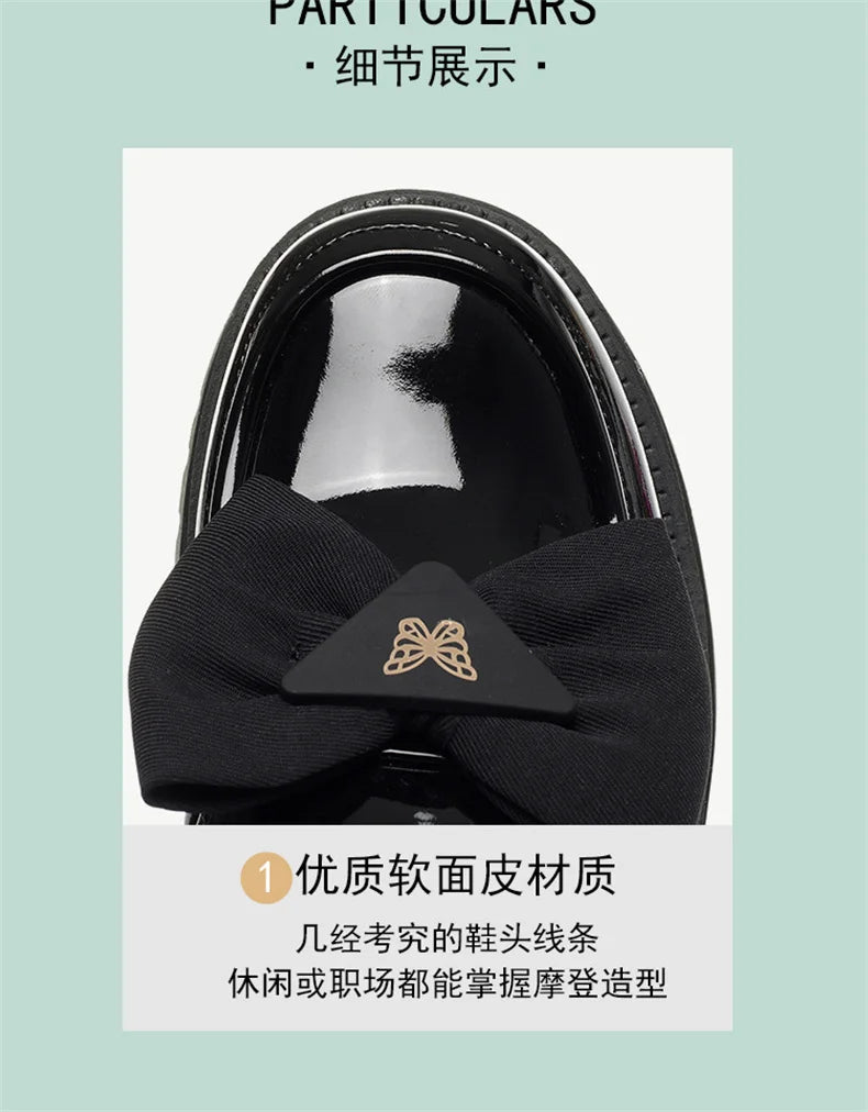 Spring Women British Style Shallow Patent Leather Black Loafers Thick Bottom Bow Platform Shoes 2024 Med Heels Single Pumps