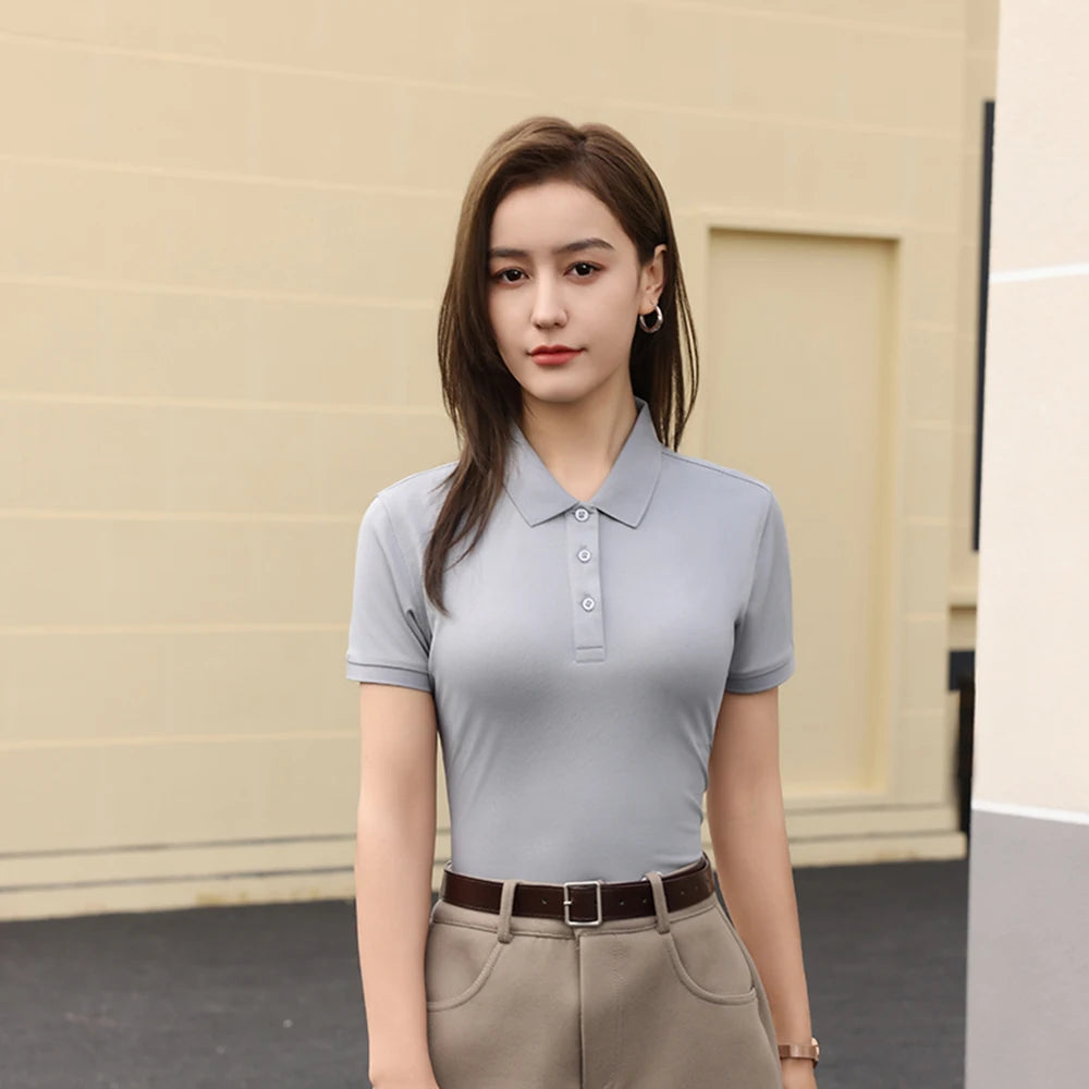 2026 NEW Solid Polo Shirts Womens Commuting Basics T-Shirts Comfy Button Shirt Solid Sport Tops Office Daily  Womans Clothes