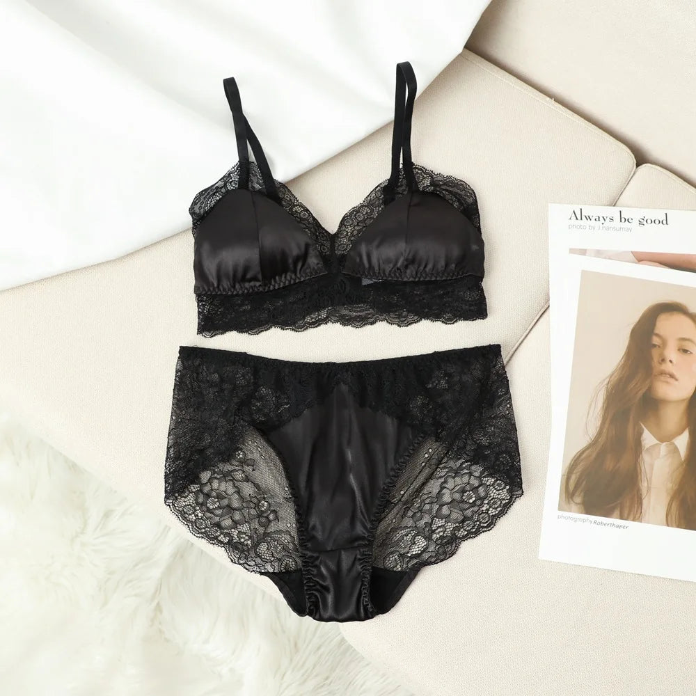 Birdtree Silk Lining French Solid Underwear, 2026 New Elegant Basic Bra Set, Thin Lace Spliced Bras For Women S30360QC